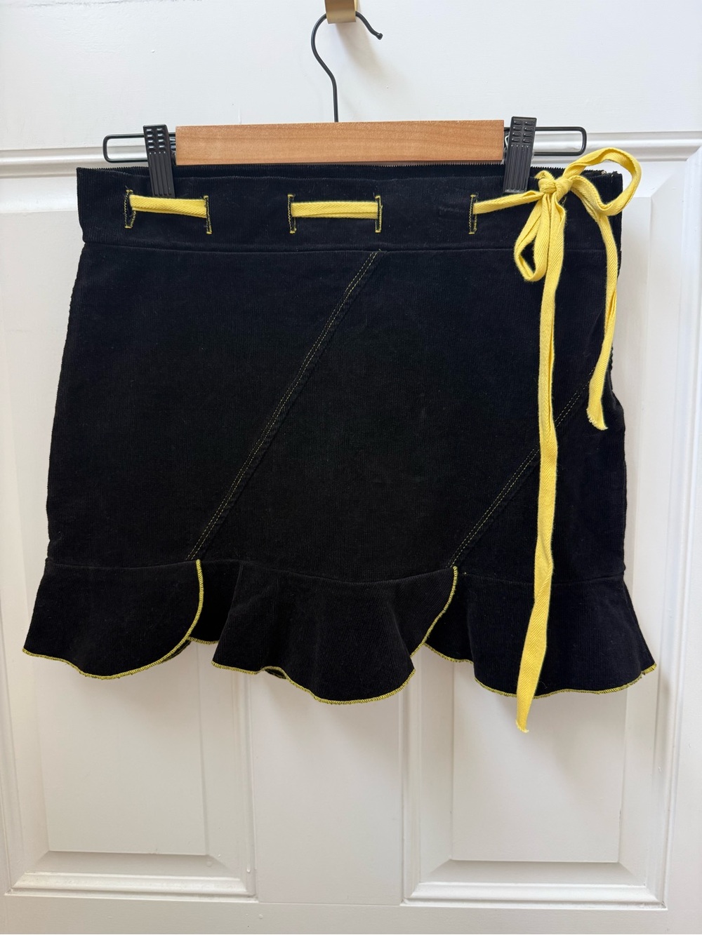 Morbid Threads Black Corduroy Mini Skirt with Yellow Trim and Side Tie